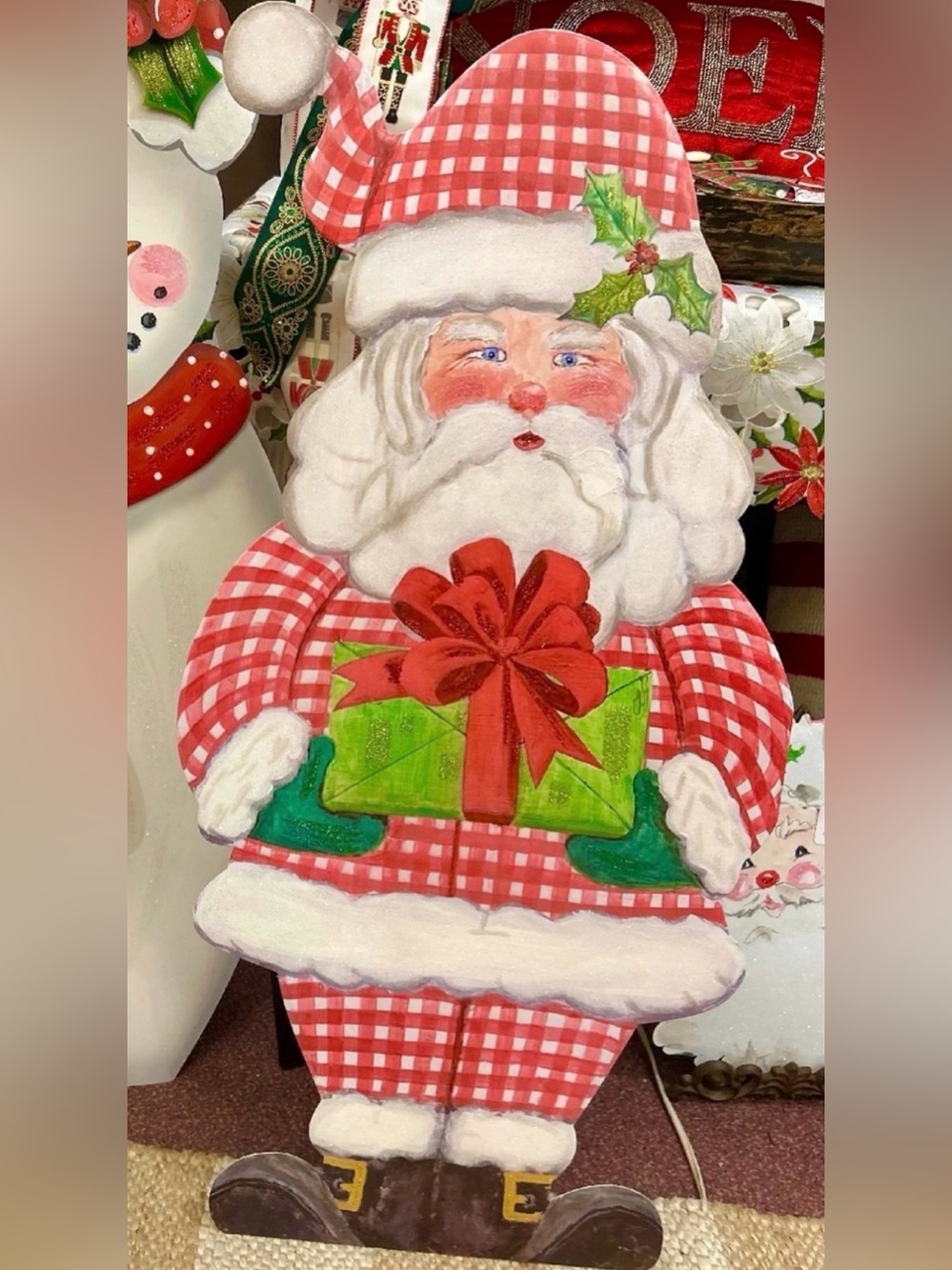 Festive Red Plaid Santa with Gift Holiday Décor Metal Stake with Attached Easel